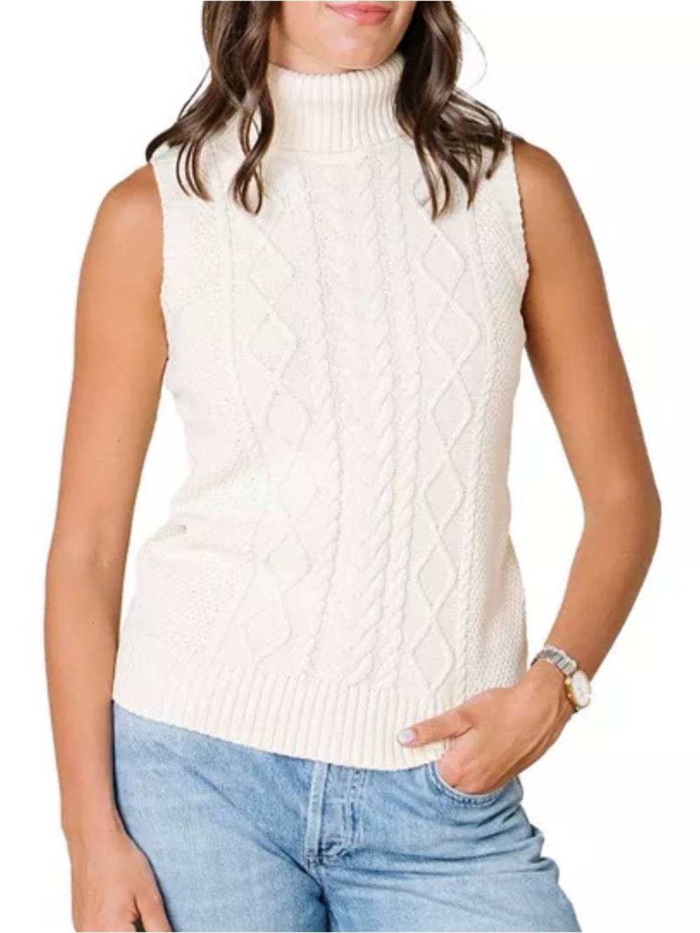 NWT Hope and Henry Organic Sleeveless Cable Knit Turtleneck Sweater Xs Cream